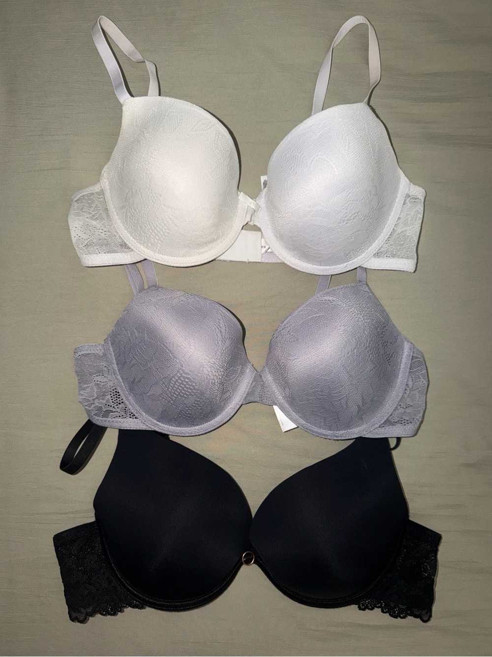 Set of 3 lace trimmed bras - White, Lavender & Black